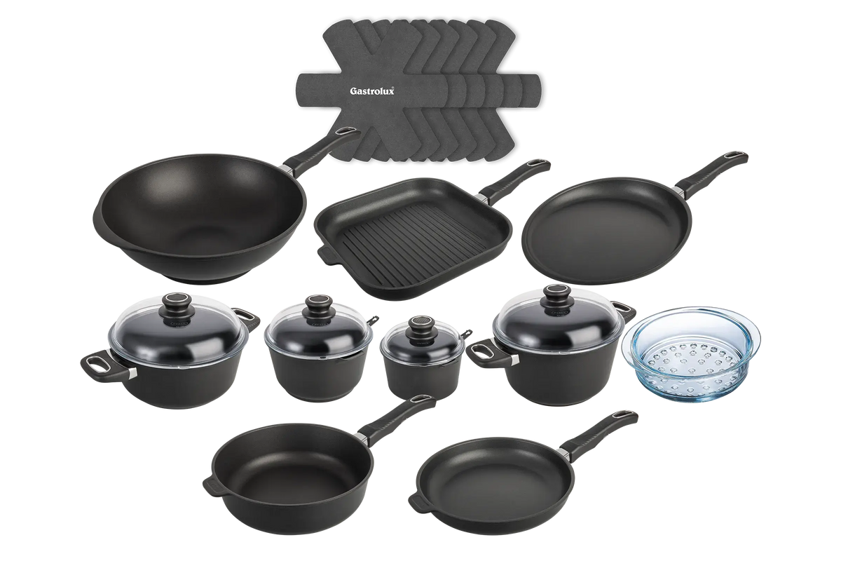 Kit Ultra Poele Sauteuse Cocotte Casserole Faitout Panier Vapeur Wok Crepiere Grill Separateur haut de gamme induction gastrolux