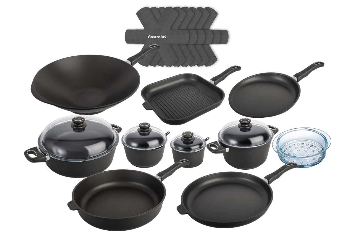 Kit Ultra Poele Sauteuse Cocotte Casserole Faitout Panier Vapeur Wok Crepiere Grill Separateur haut de gamme induction gastrolux