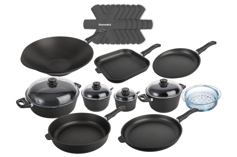 Kit Ultra Poele Sauteuse Cocotte Casserole Faitout Panier Vapeur Wok Crepiere Grill Separateur haut de gamme induction gastrolux