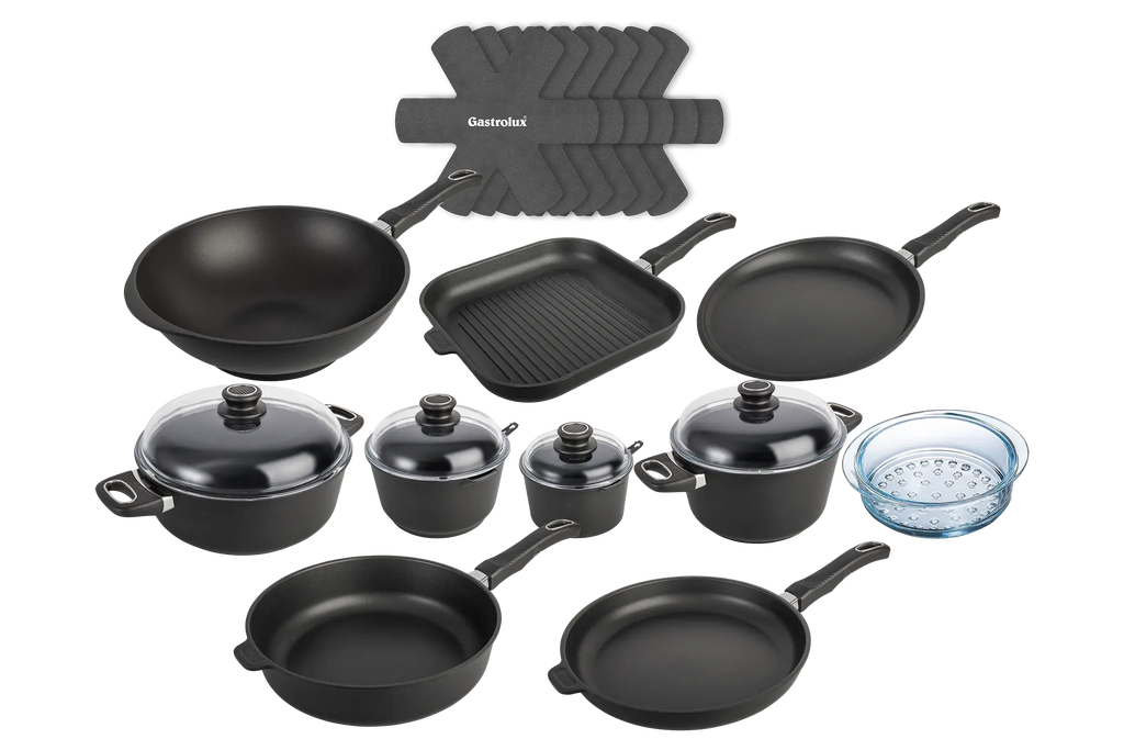 Kit Ultra Poele Sauteuse Cocotte Casserole Faitout Panier Vapeur Wok Crepiere Grill Separateur haut de gamme induction gastrolux